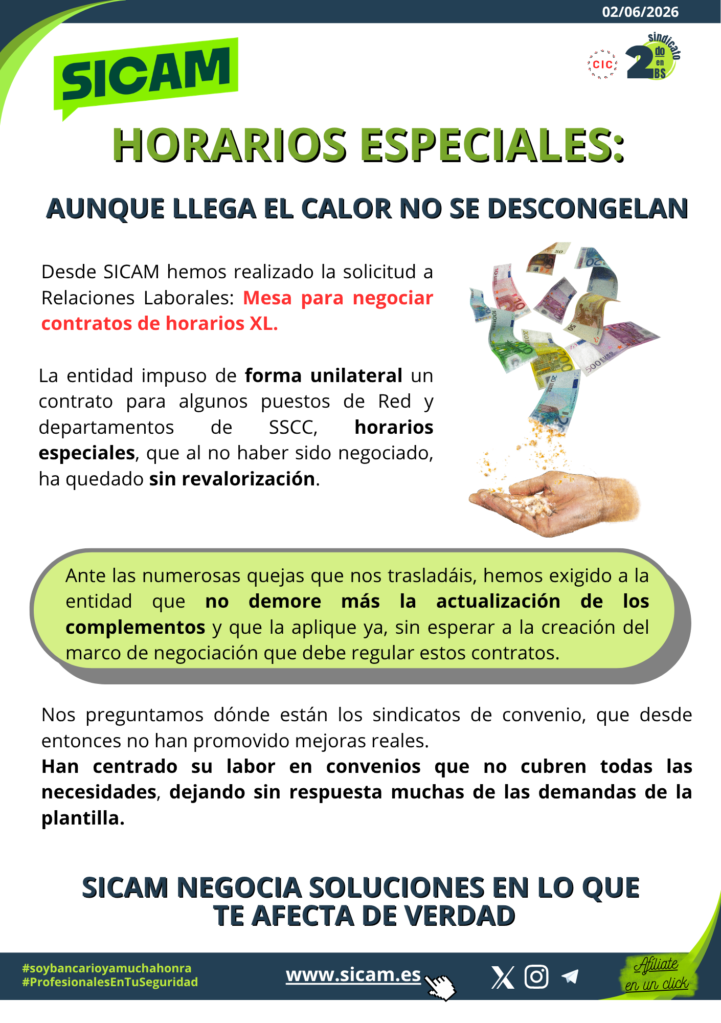 1 junio 2026. Horarios Especiales. Lo que te afecta, lo negociamos<br>